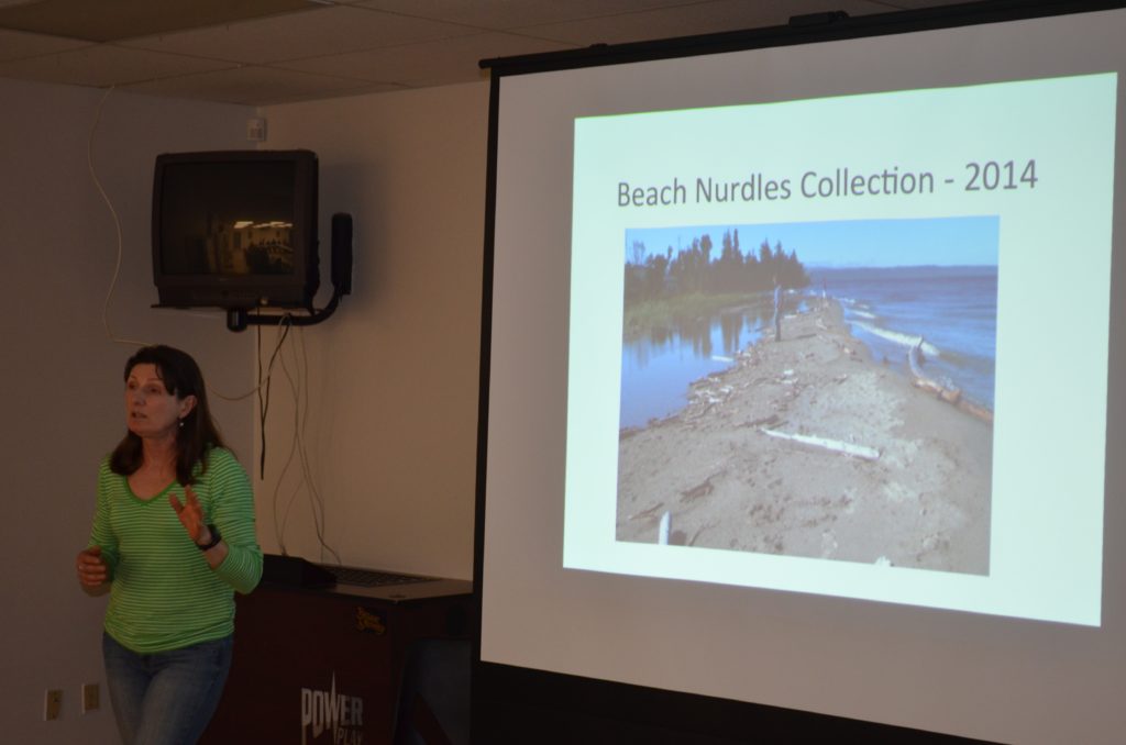 Rosemary Hartley, a Biologist with the Ontario Ministry of Natural Resources and Forestry in Nipigon, Ontario presents information about ingestion of nurdles by fish and wildlife at a meeting at Lake Helen on May 3rd. 